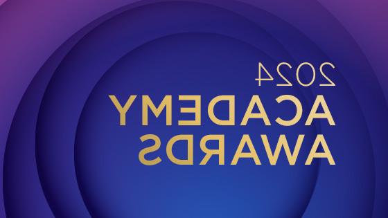 A graphic of a blue and purple swirls. The words 2024 Academy Awards are overlaid in gold.